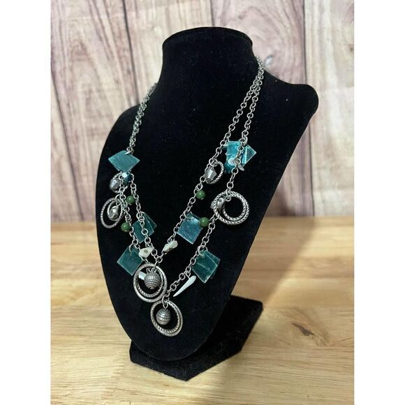 Woman’s Multilayer Teal and Silver Dangles Necklace - Picture 2 of 8